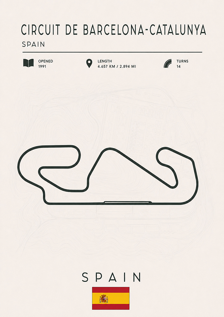 Minimalist technical track map artwork of the Circuit de Barcelona-Catalunya in Spain