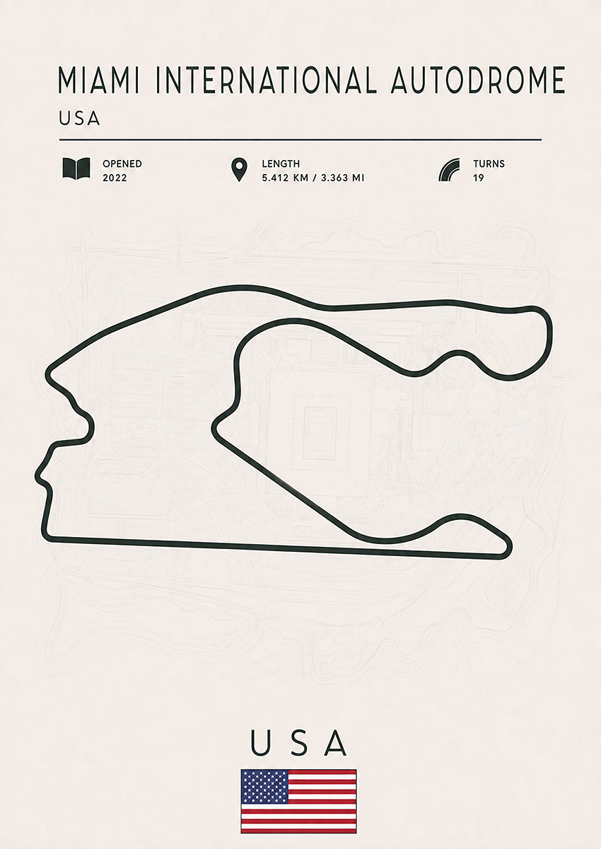 Minimalist technical illustration of the Miami International Autodrome circuit track layout