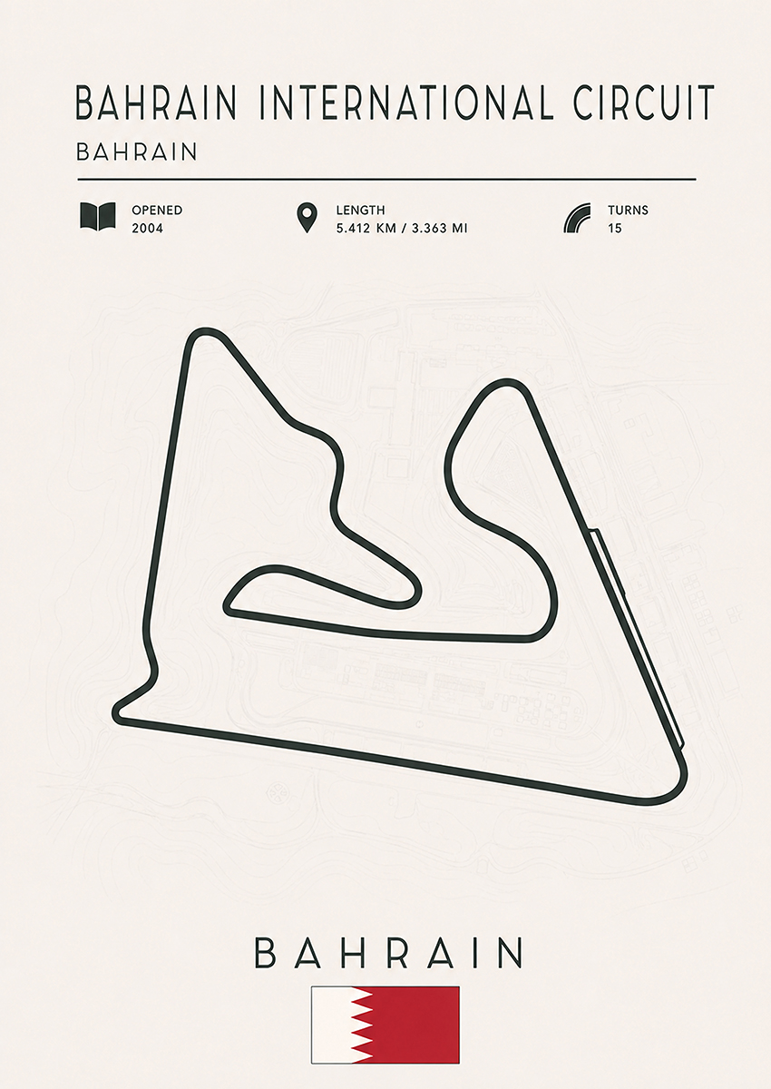 Minimalist technical illustration of the Bahrain International Circuit F1 track layout