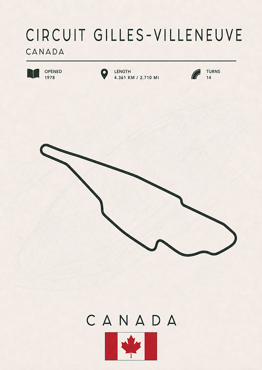 Minimalist technical map artwork of the Circuit Gilles-Villeneuve F1 track in Canada