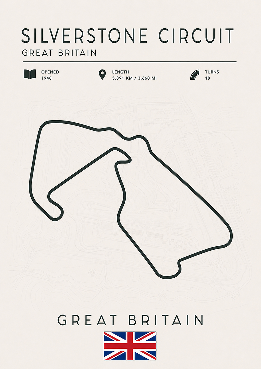 Minimalist technical map of the Silverstone Circuit in Great Britain with track statistics