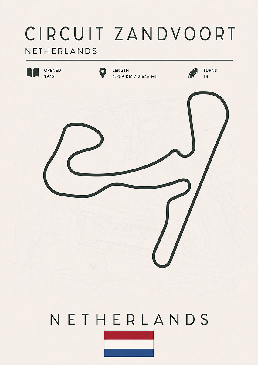 Minimalist technical illustration of the Circuit Zandvoort F1 track layout with Netherlands flag