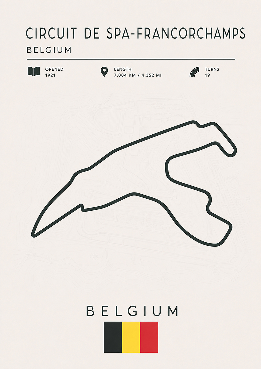 Minimalist technical diagram of the Circuit de Spa-Francorchamps F1 track with Belgian flag details