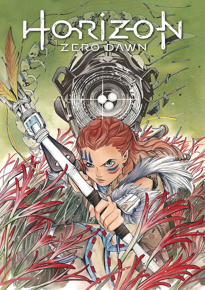 Vibrant artwork of a character from Horizon Zero Dawn in dynamic foliage setting.