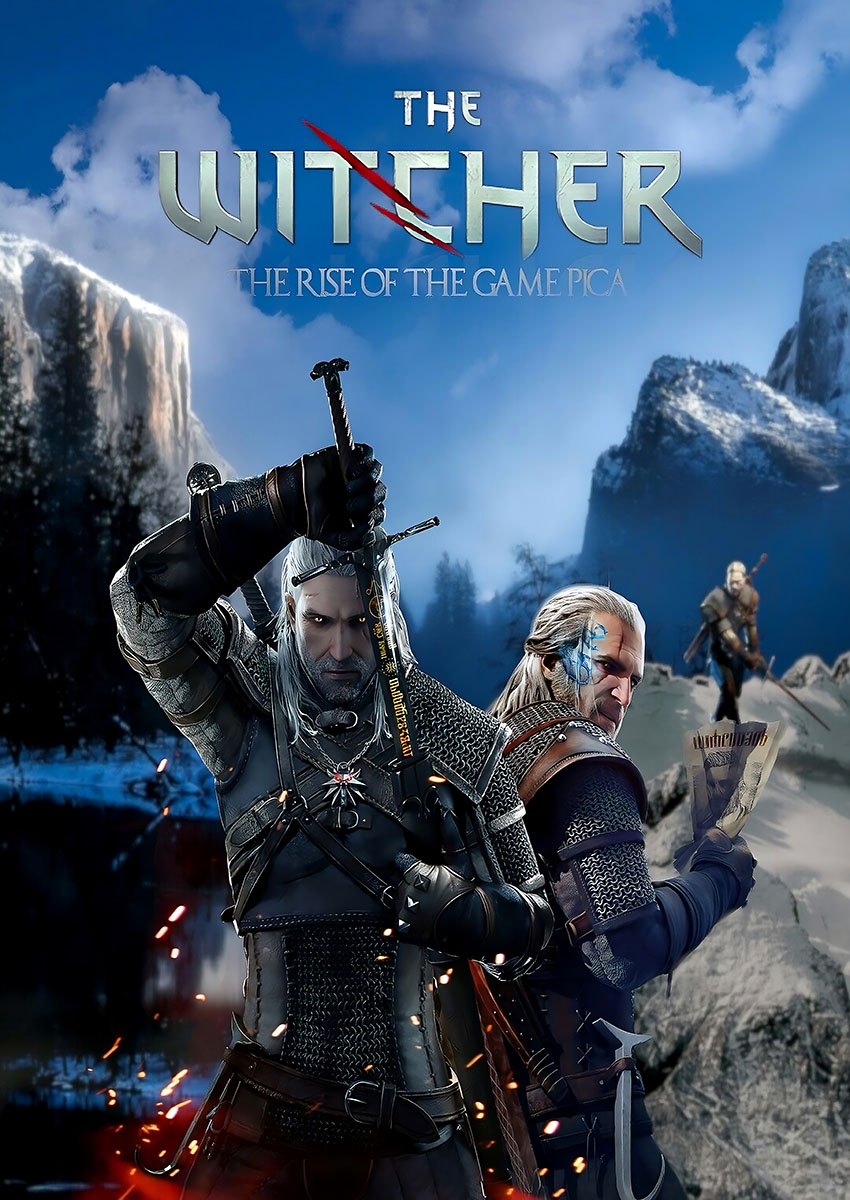Dramatic artwork of The Witcher game style characters in a fantasy landscape with mountains and sparks.