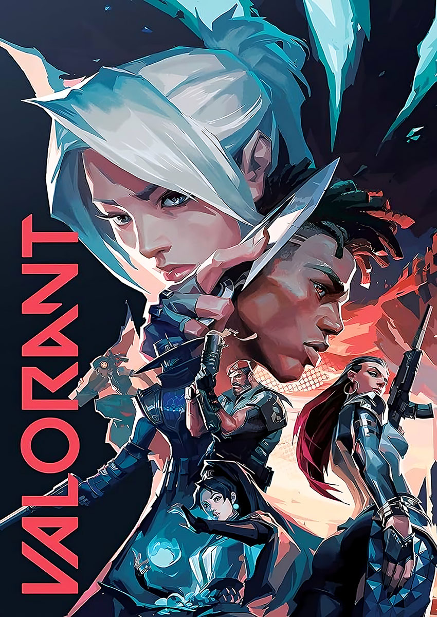Dynamic Valorant video game artwork featuring iconic character agents in a bold illustrative style
