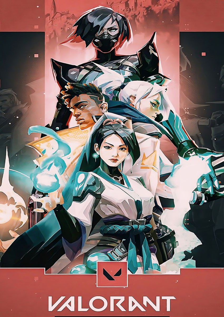 Stylised digital artwork featuring a group of Valorant characters with glowing abilities and a red colour palette