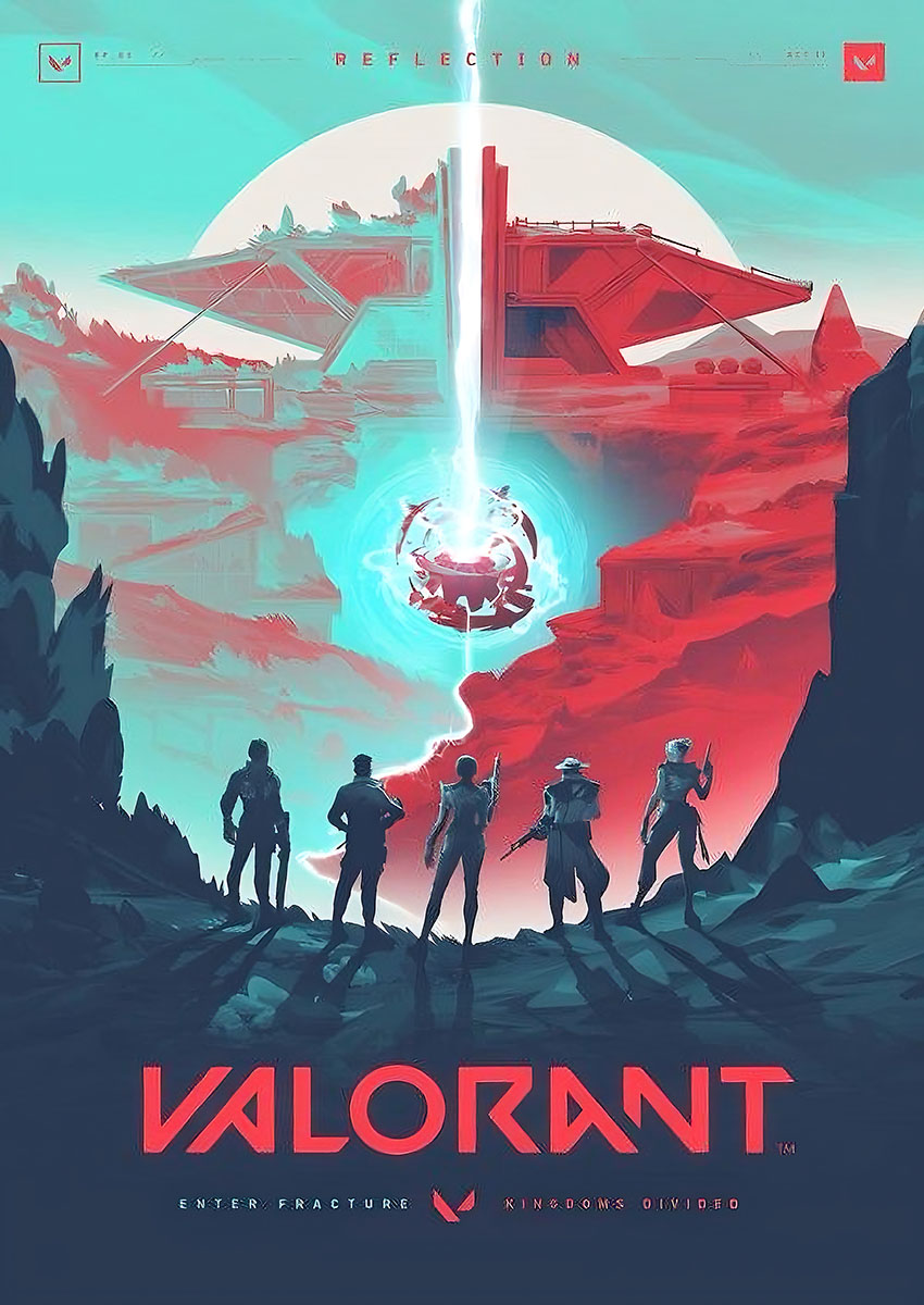 Stylised Valorant Fracture map artwork featuring agents standing before a glowing energy rift