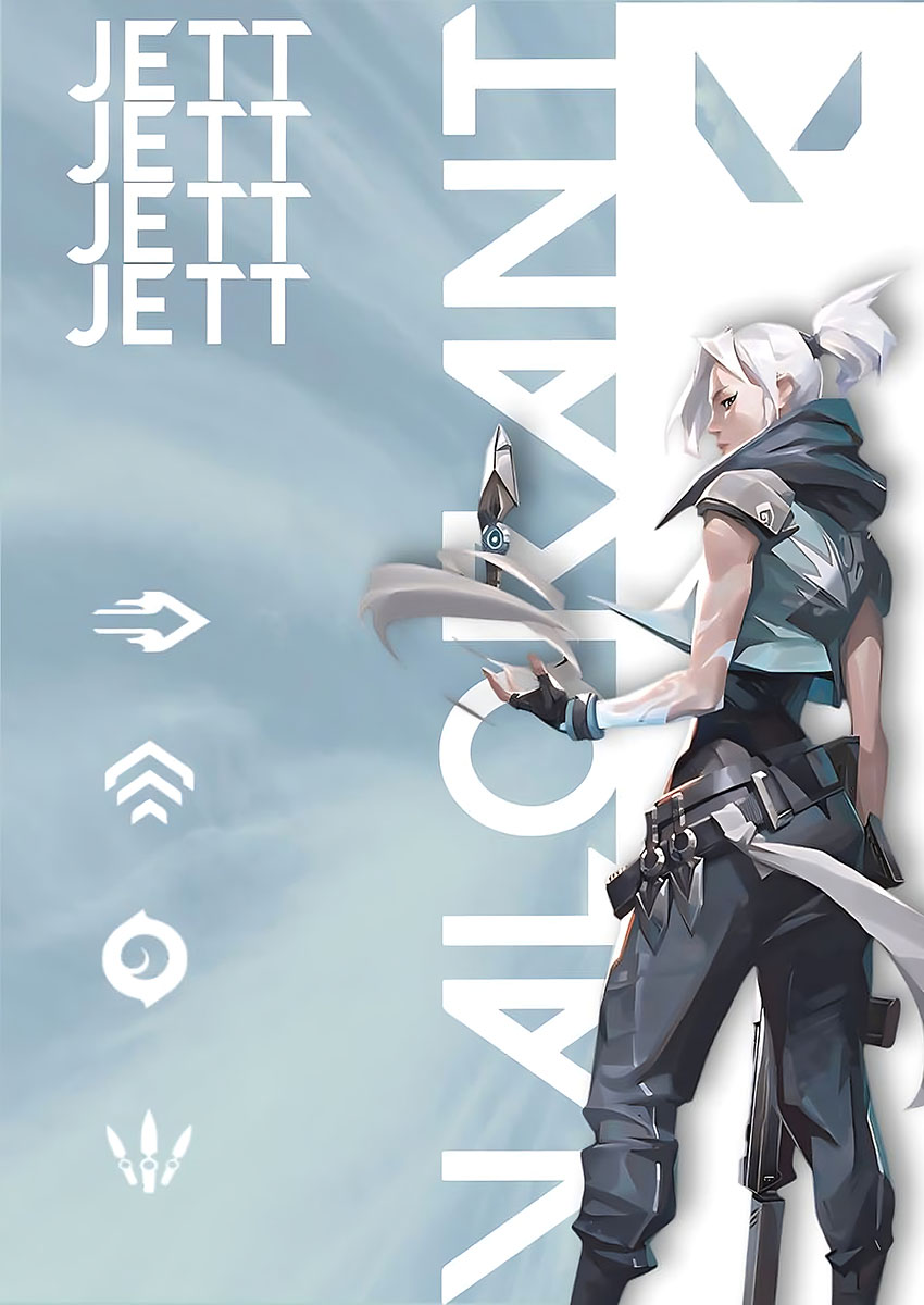 Artwork of Jett from VALORANT striking a dynamic pose against a soft blue background.