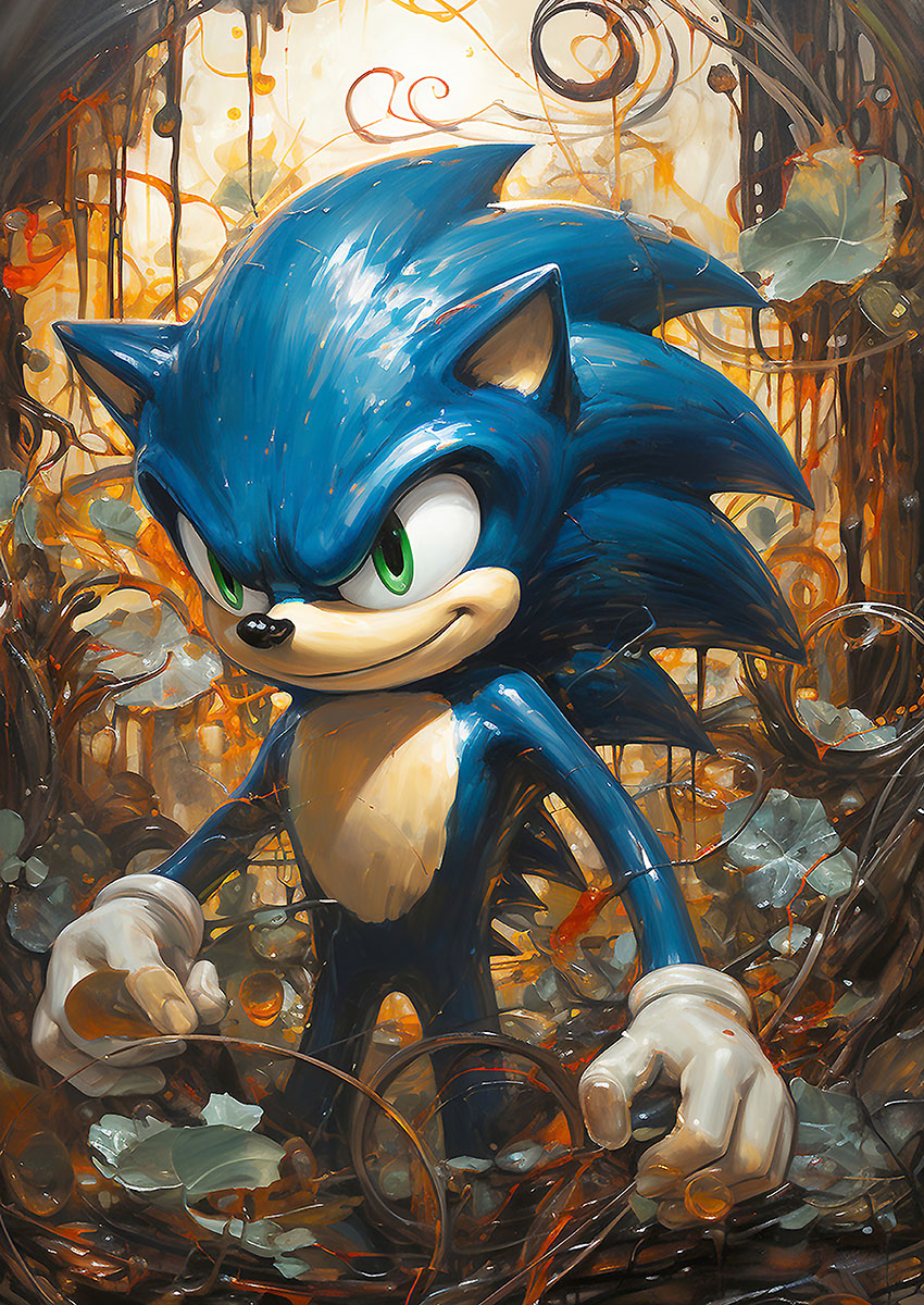 Dynamic artwork of a Sonic style character amidst swirling organic shapes and vibrant colours.