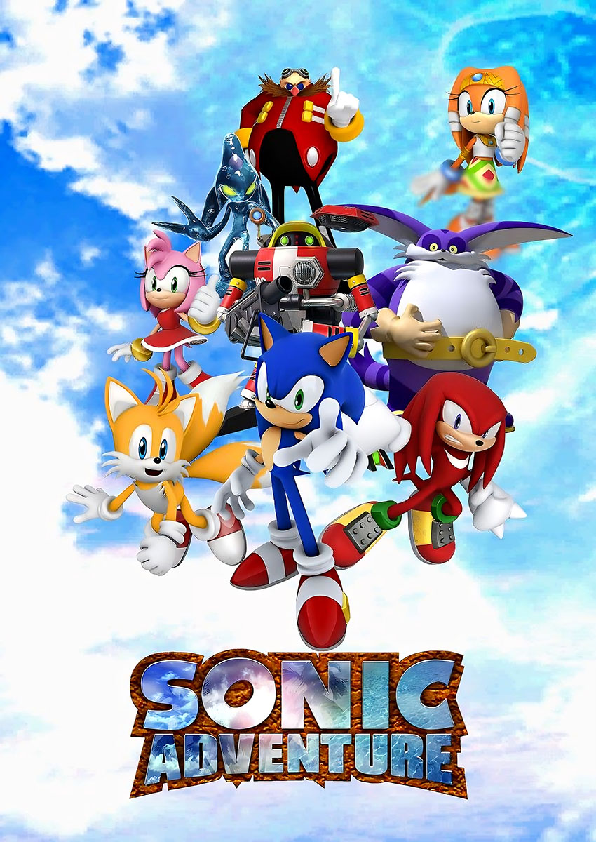 Vibrant artwork of Sonic Adventure style characters in action against a blue sky backdrop.