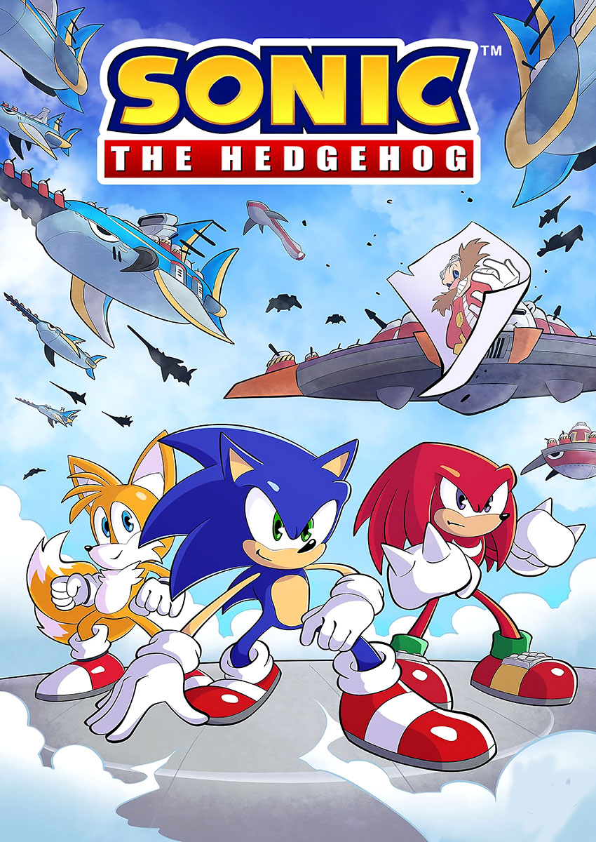 Vibrant artwork featuring Sonic the Hedgehog alongside Tails and Knuckles in a dynamic setting.