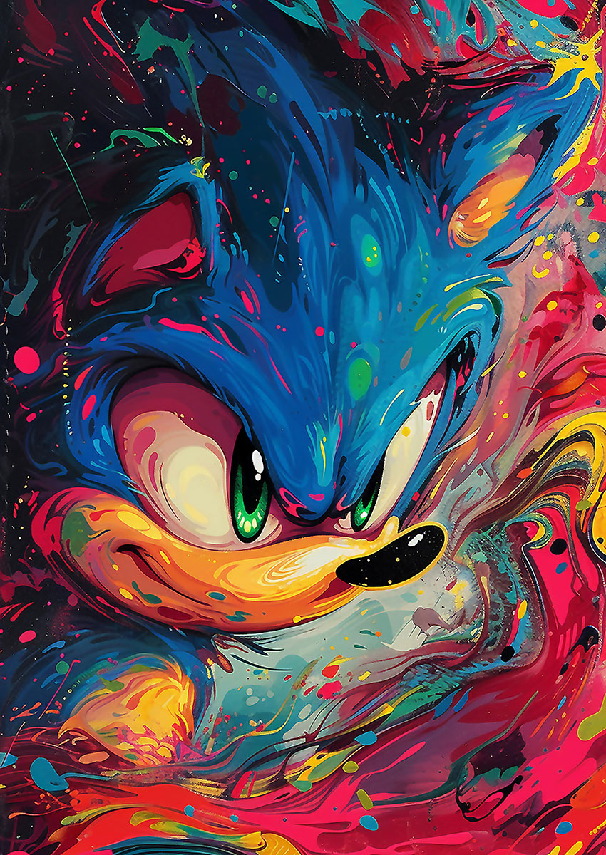 Vibrant abstract artwork of Sonic the Hedgehog featuring a dynamic, colourful paint splatter style