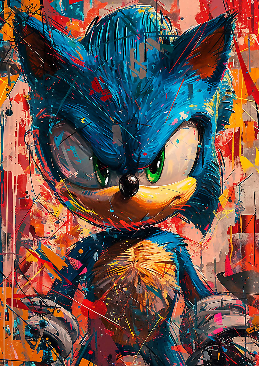 Vibrant abstract street art style portrait of Sonic the Hedgehog featuring bold blue and orange paint splashes