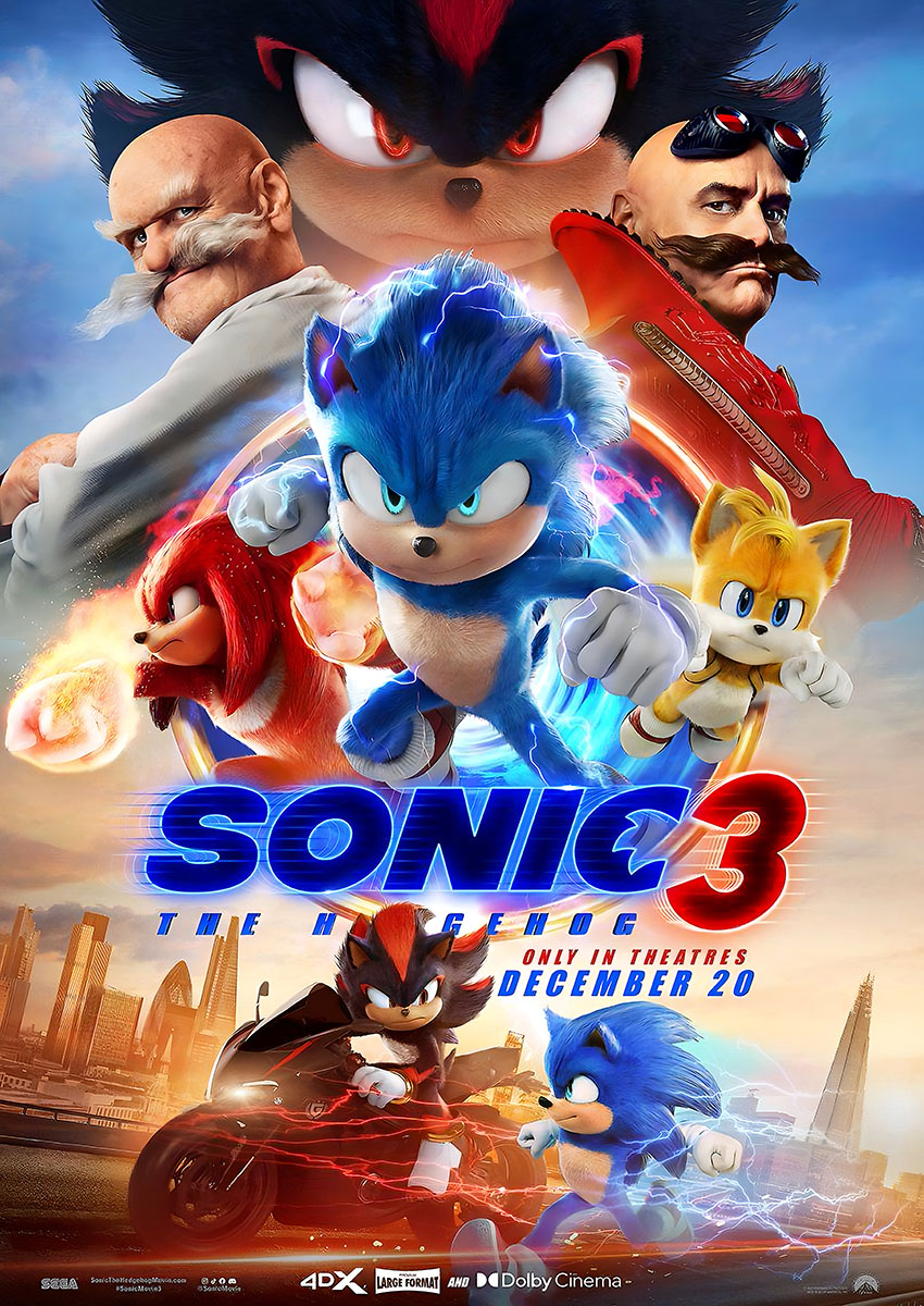 Cinematic poster art featuring Sonic, Shadow, Knuckles, and Tails in action from Sonic the Hedgehog 3