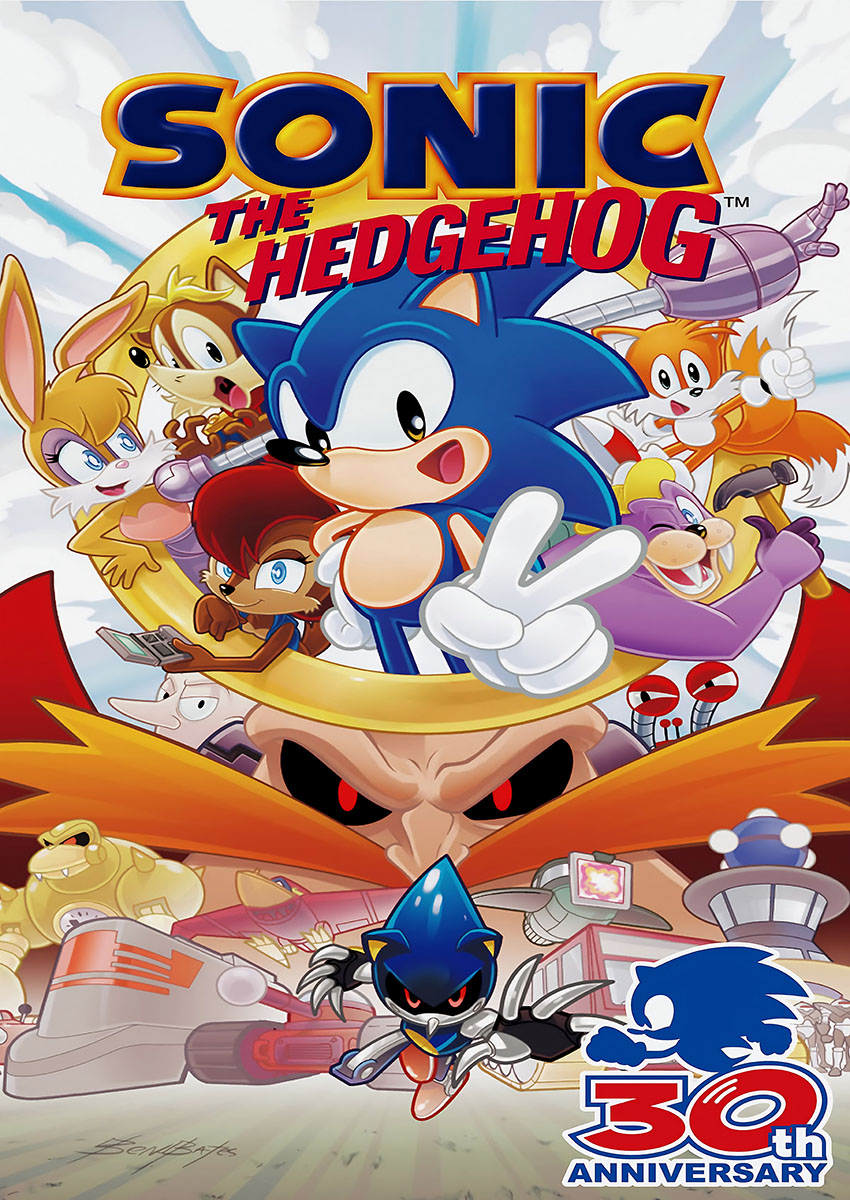 Vibrant artwork featuring Sonic the Hedgehog and friends against a bright background.