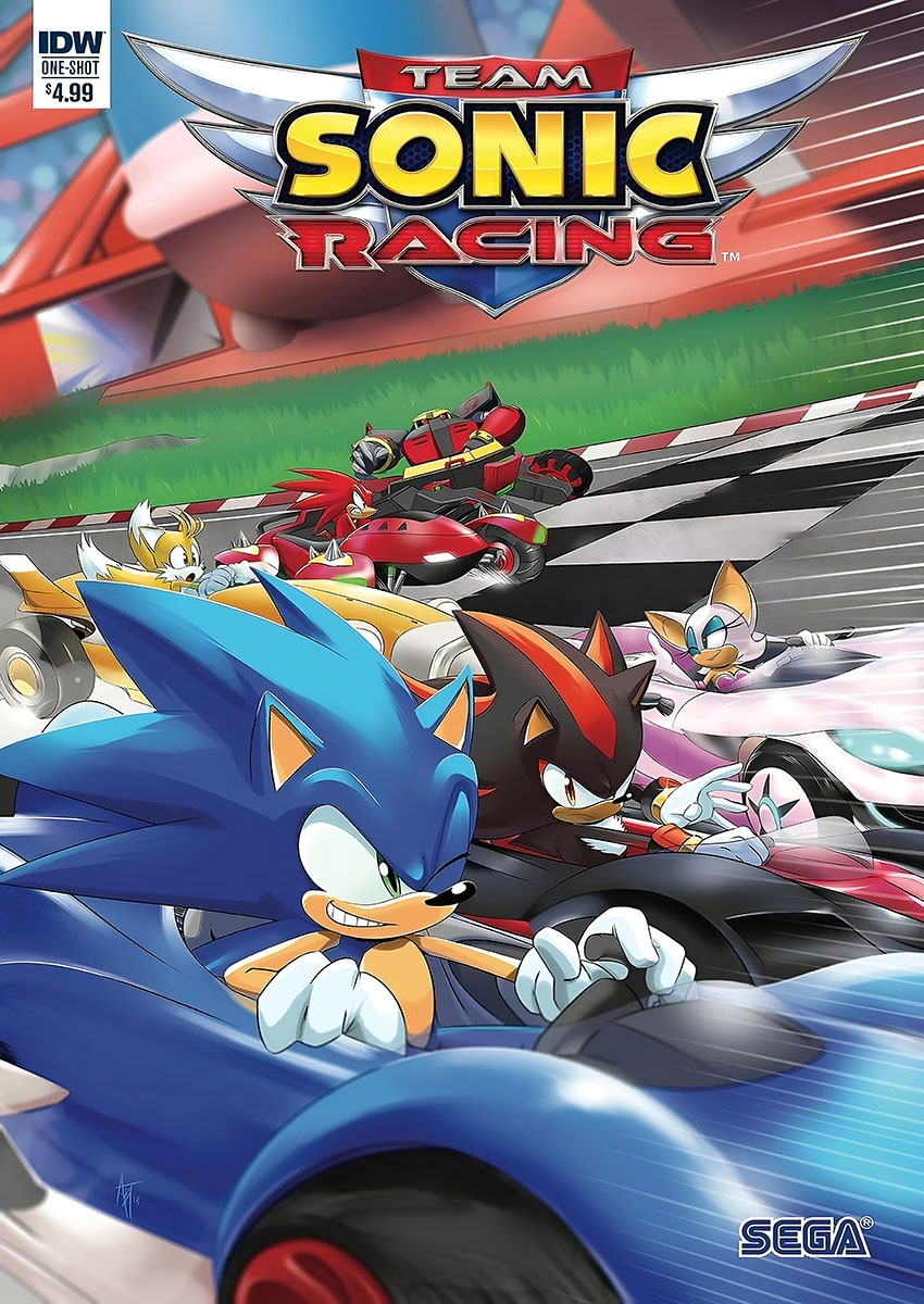 Dynamic artwork of Team Sonic Racing featuring Sonic and friends in vibrant karts on a racetrack.