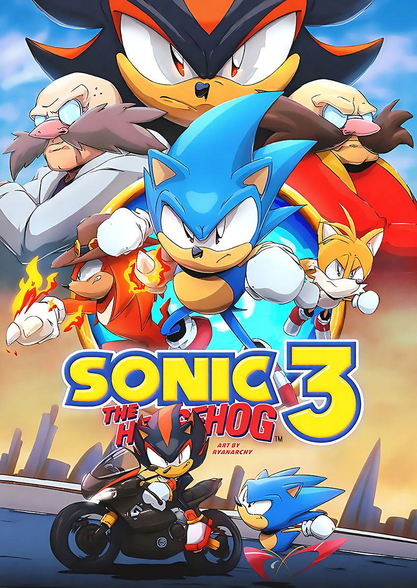 Vibrant artwork of Sonic the Hedgehog 3 characters racing through a stylised urban landscape.
