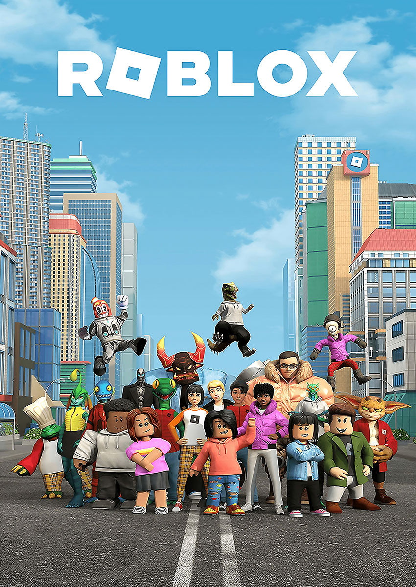 Vibrant artwork featuring Roblox characters in an urban setting.