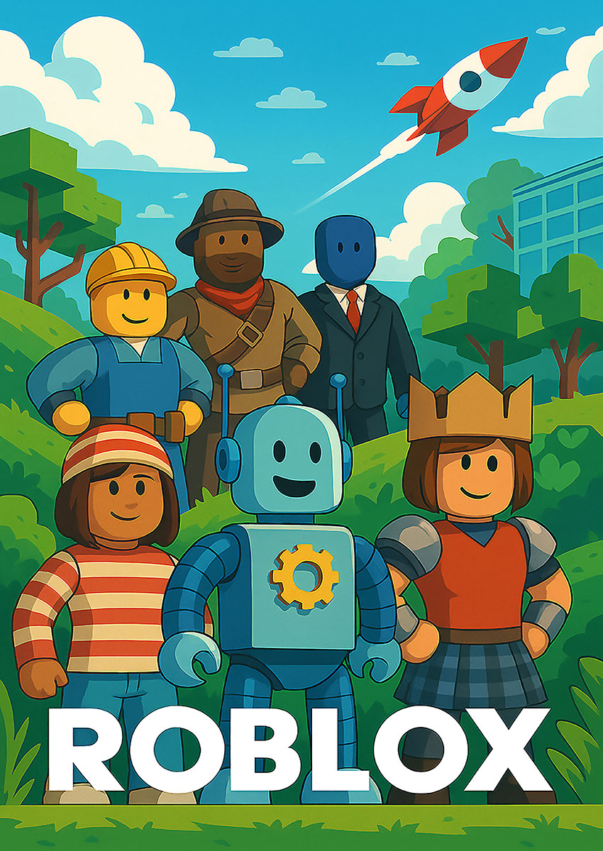 Playful artwork featuring Roblox characters in a vibrant cartoon landscape.
