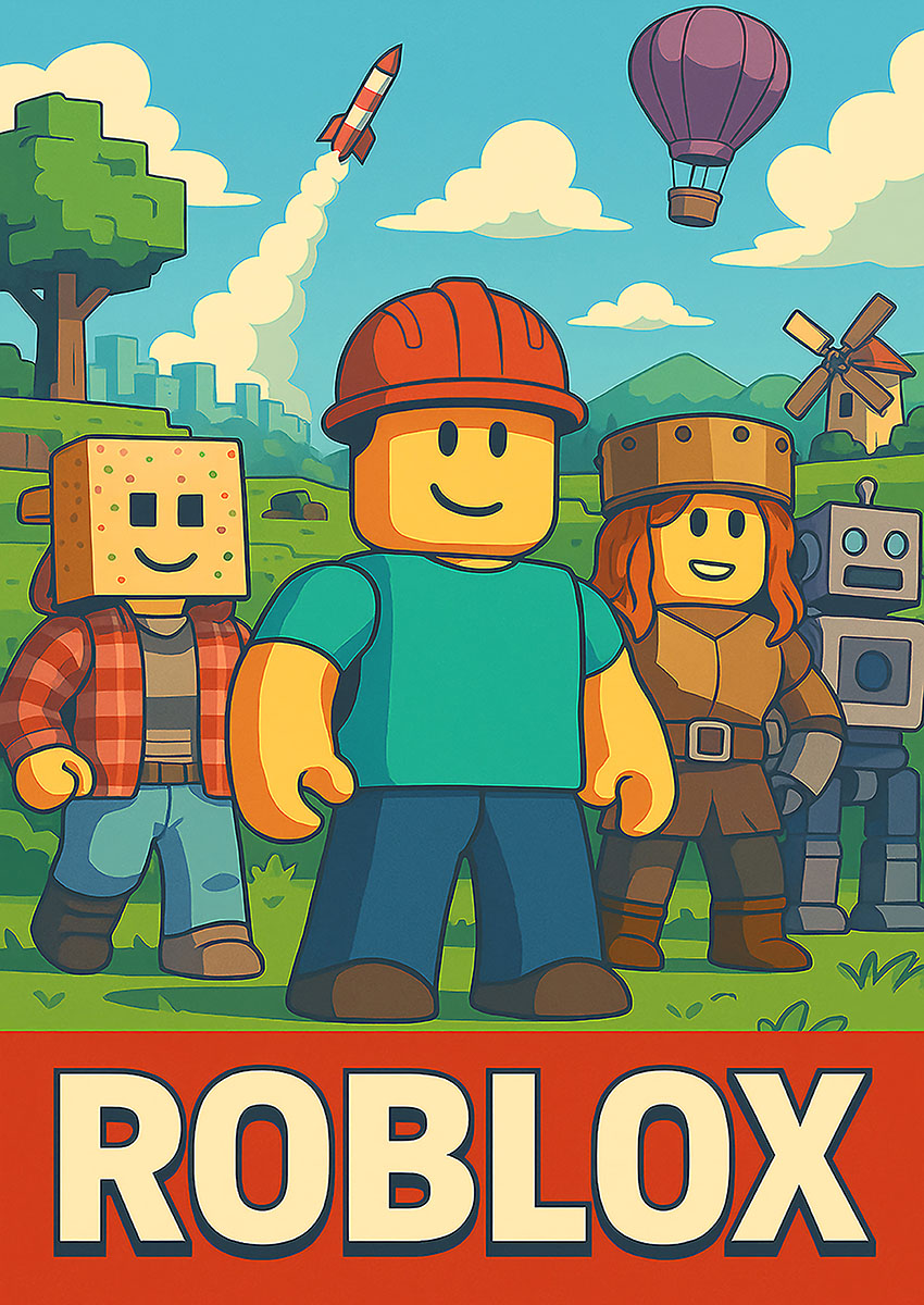Vibrant artwork featuring Roblox characters in a playful landscape.