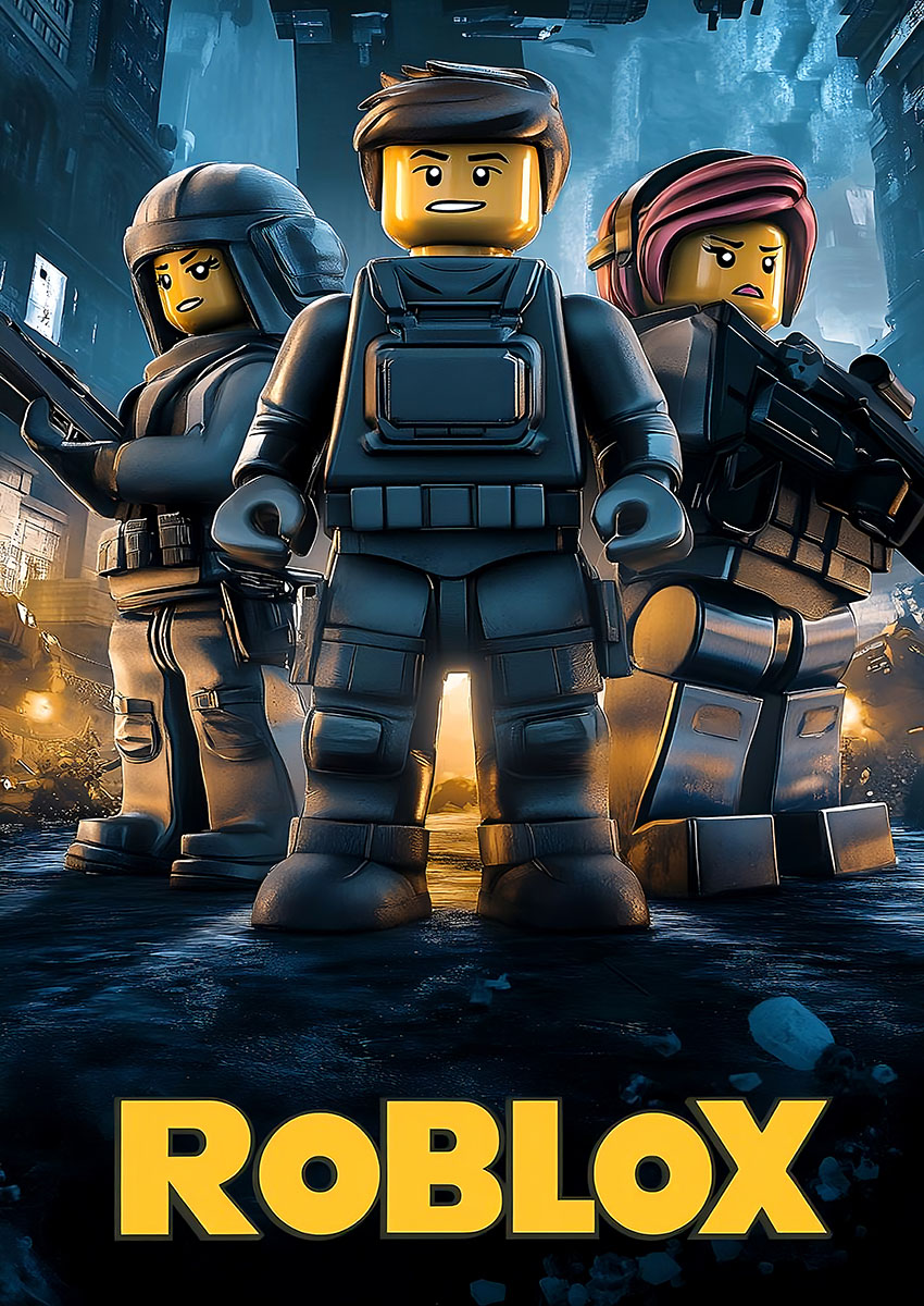 Dramatic artwork of Roblox characters in a vibrant urban setting.