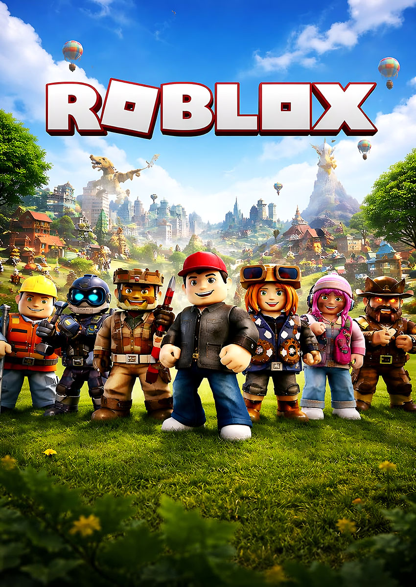 Vibrant artwork of Roblox style characters in a playful landscape setting.