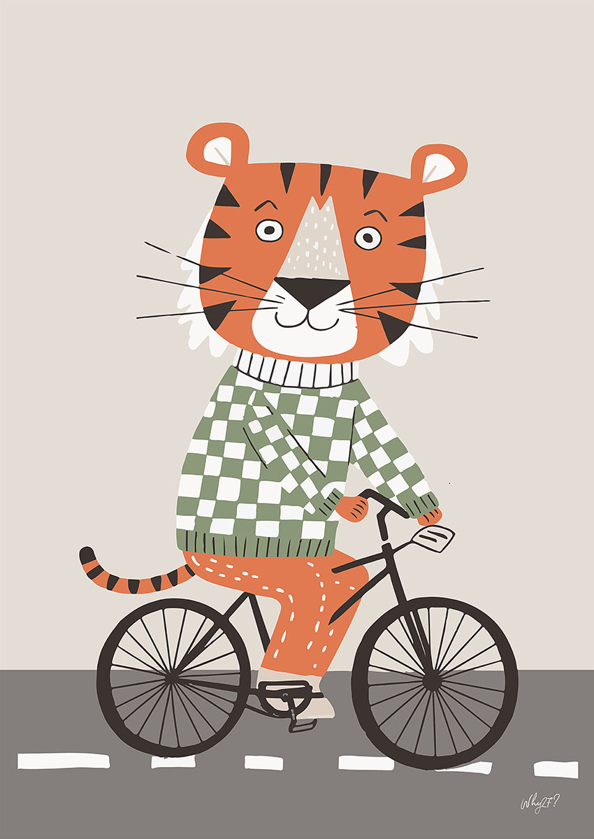 Playful artwork of a whimsical tiger in a checked sweater riding a bicycle.