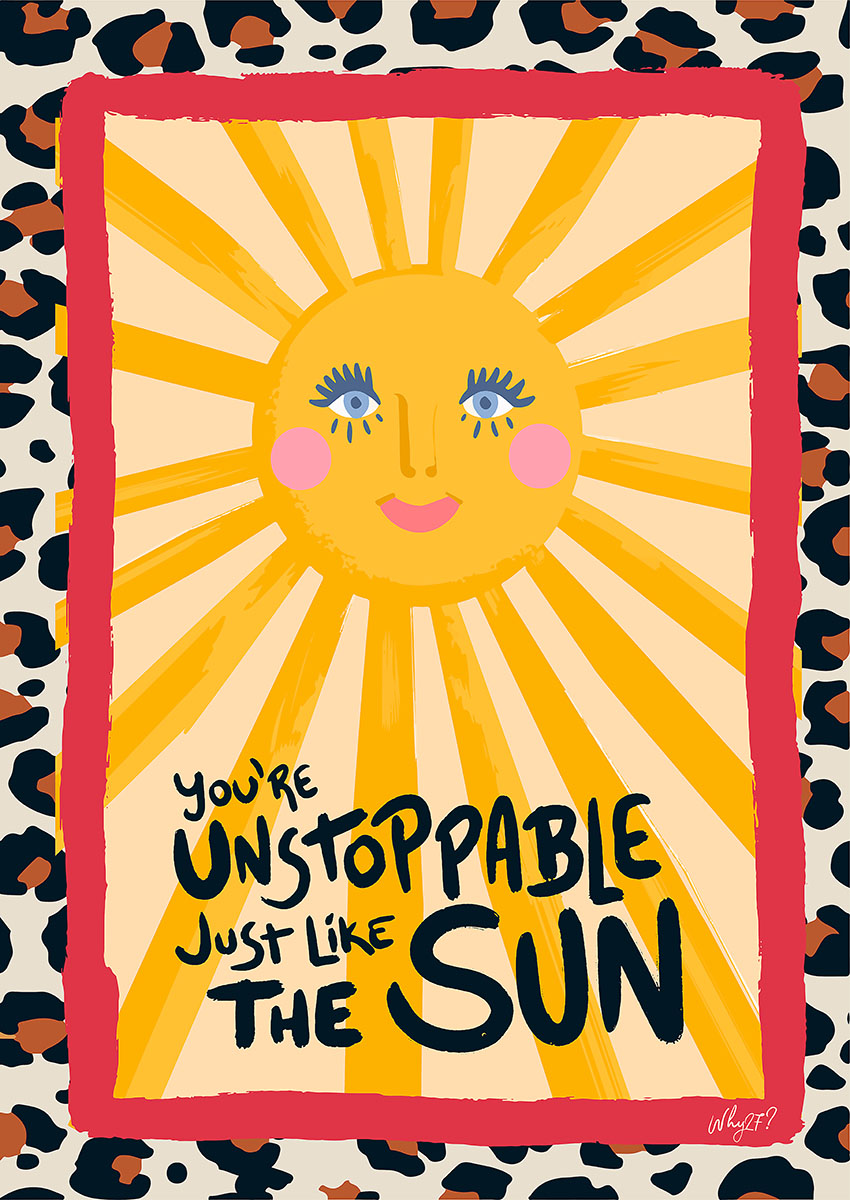 Vibrant artwork of a bright yellow sun with a smiling face and geometric rays on a leopard print background.