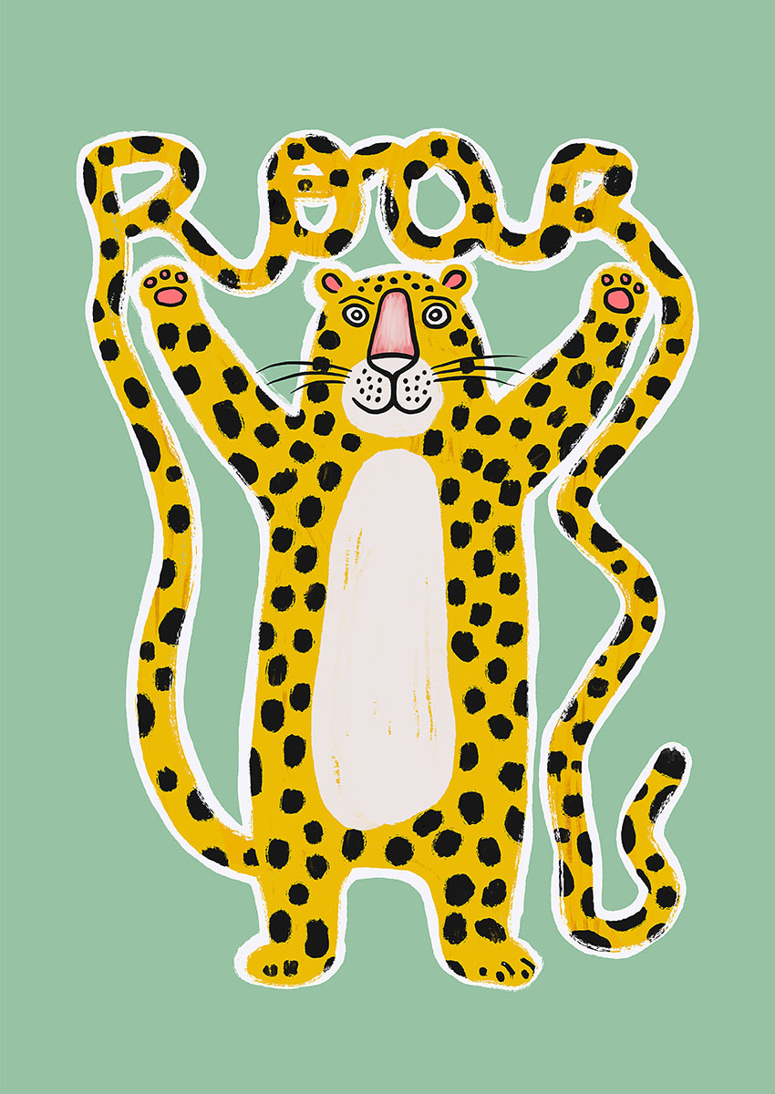 Playful cartoon leopard character artwork on a mint green background