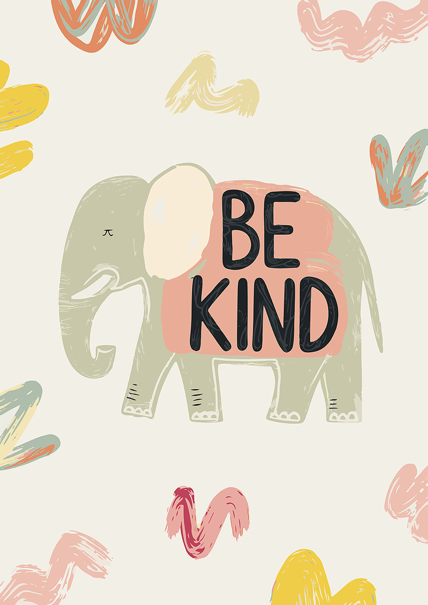 Elephant with 'Be Kind' Text Canvas Print & Poster Wall Art - AI PRINT LAB