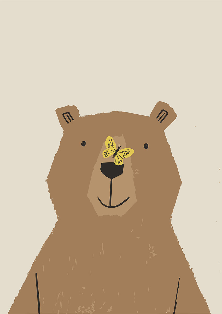 Whimsical artwork of a friendly brown bear with a yellow butterfly on its nose.
