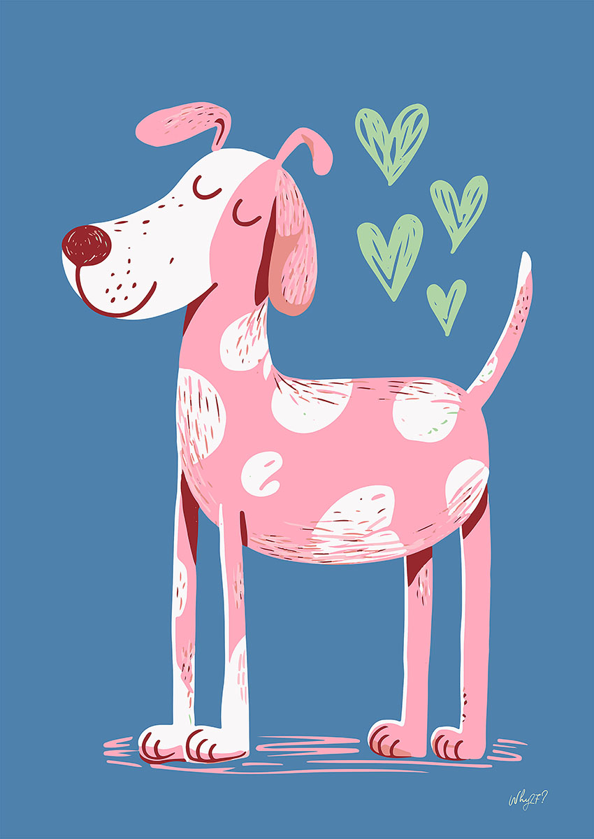 Playful artwork of a stylised pink dog on a soft blue background.