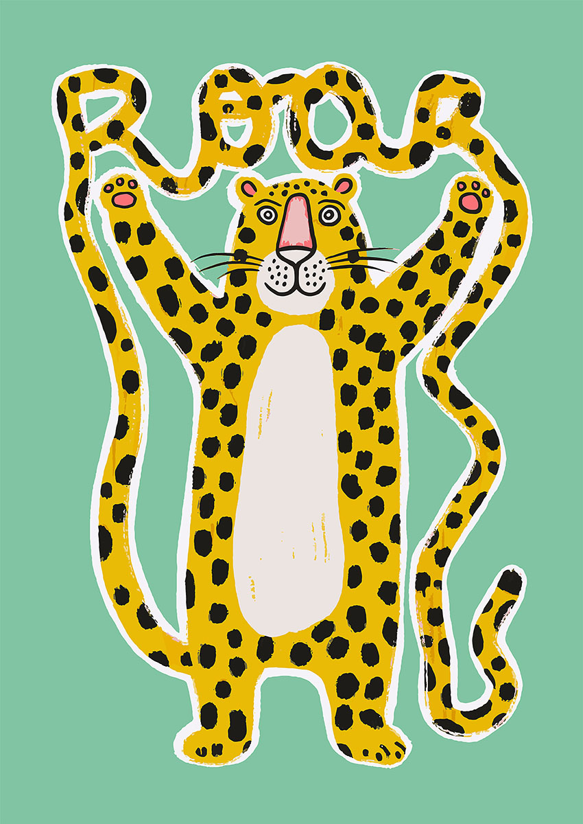 Bright artwork of a playful yellow leopard against a mint green background.