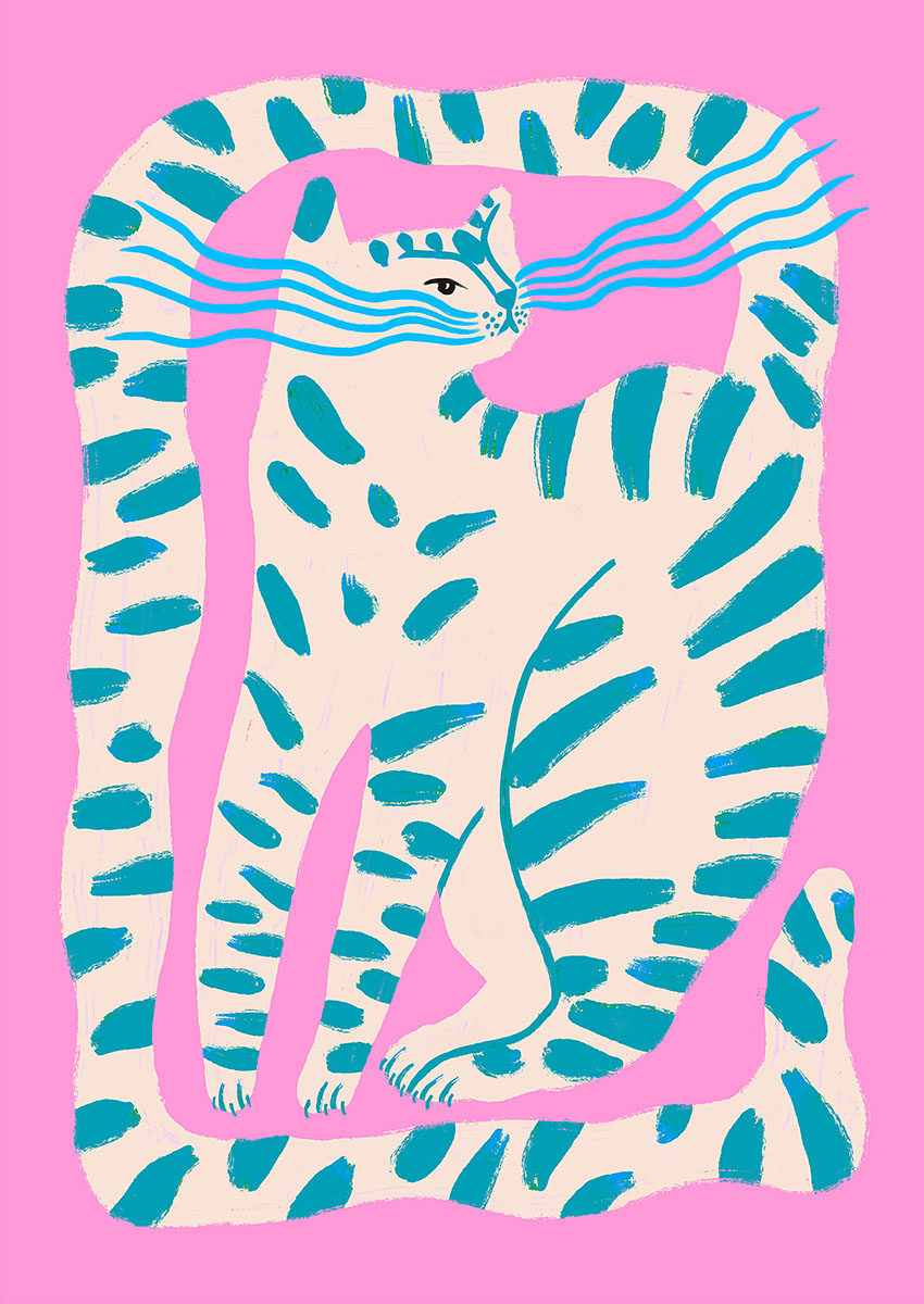 Stylised colourful cat artwork featuring bold stripes and a vibrant pink background.