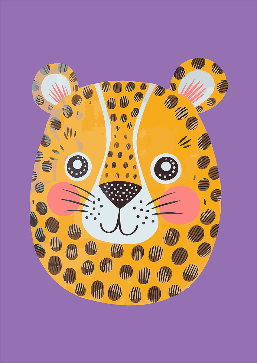 Playful illustration of a bright orange cartoon leopard on a purple background.