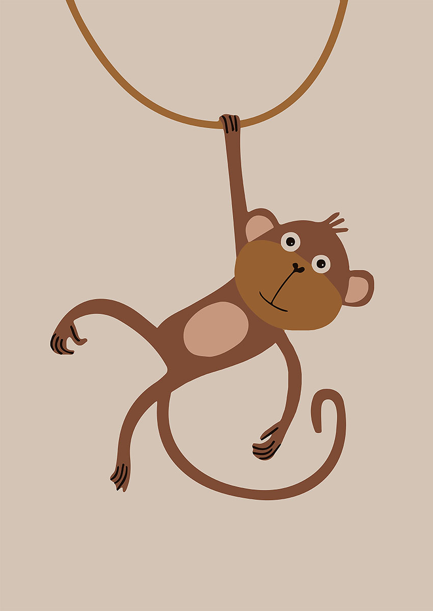 Playful cartoon monkey hanging from a rope in minimalist style.