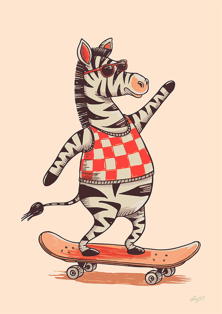 Vibrant artwork of a playful skateboarding zebra wearing sunglasses and a checked sweater on a skateboard.
