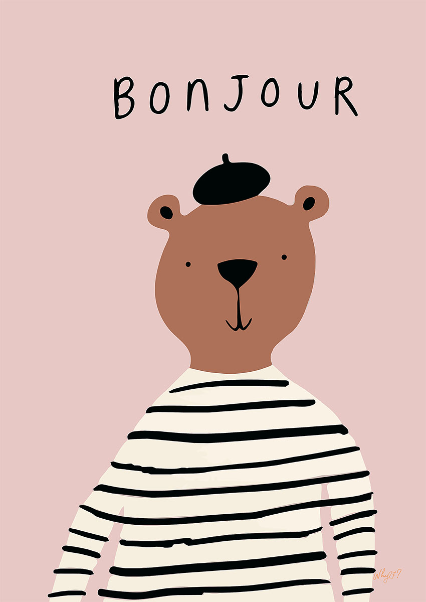 Whimsical artwork of a cartoon bear character in a striped shirt and beret against a pink background.