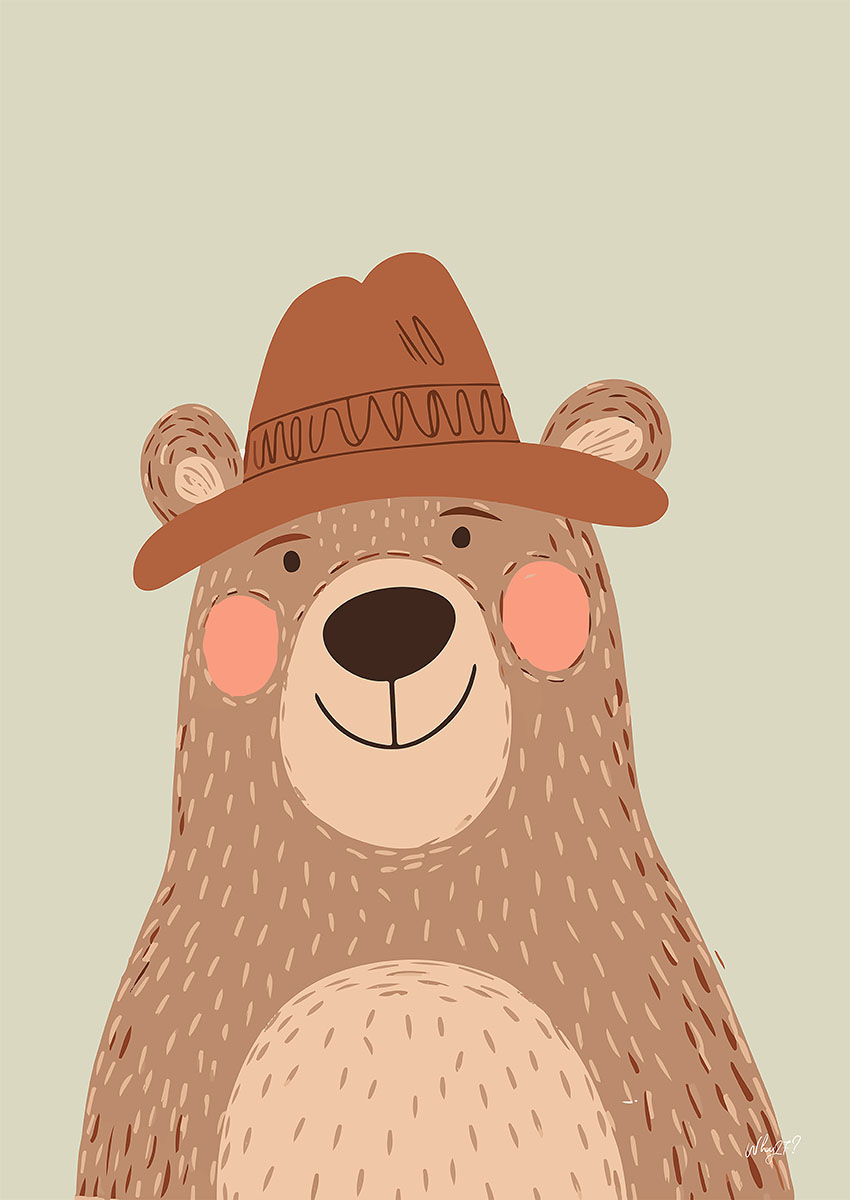 Charming cartoon artwork of a bear wearing a hat on a soft green background.