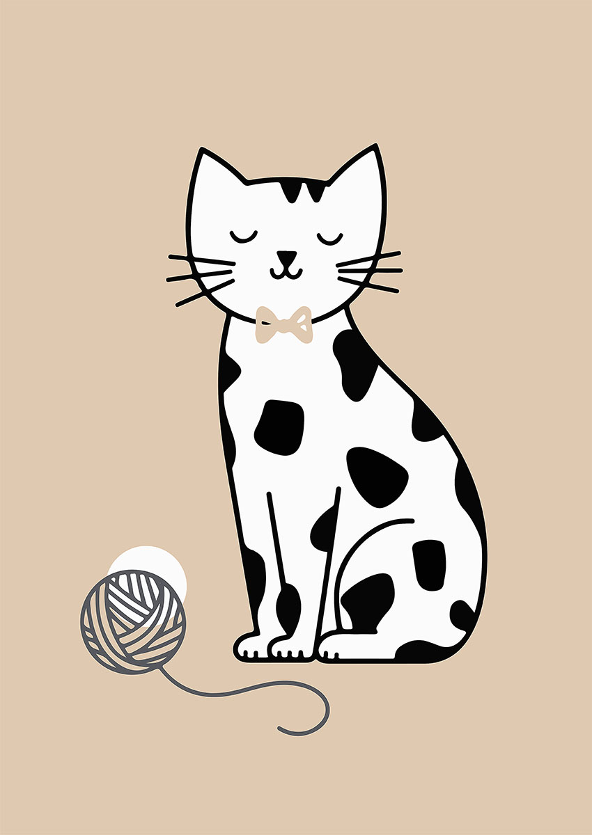 Charming artwork of a cartoon cat with a bow tie against a beige background.
