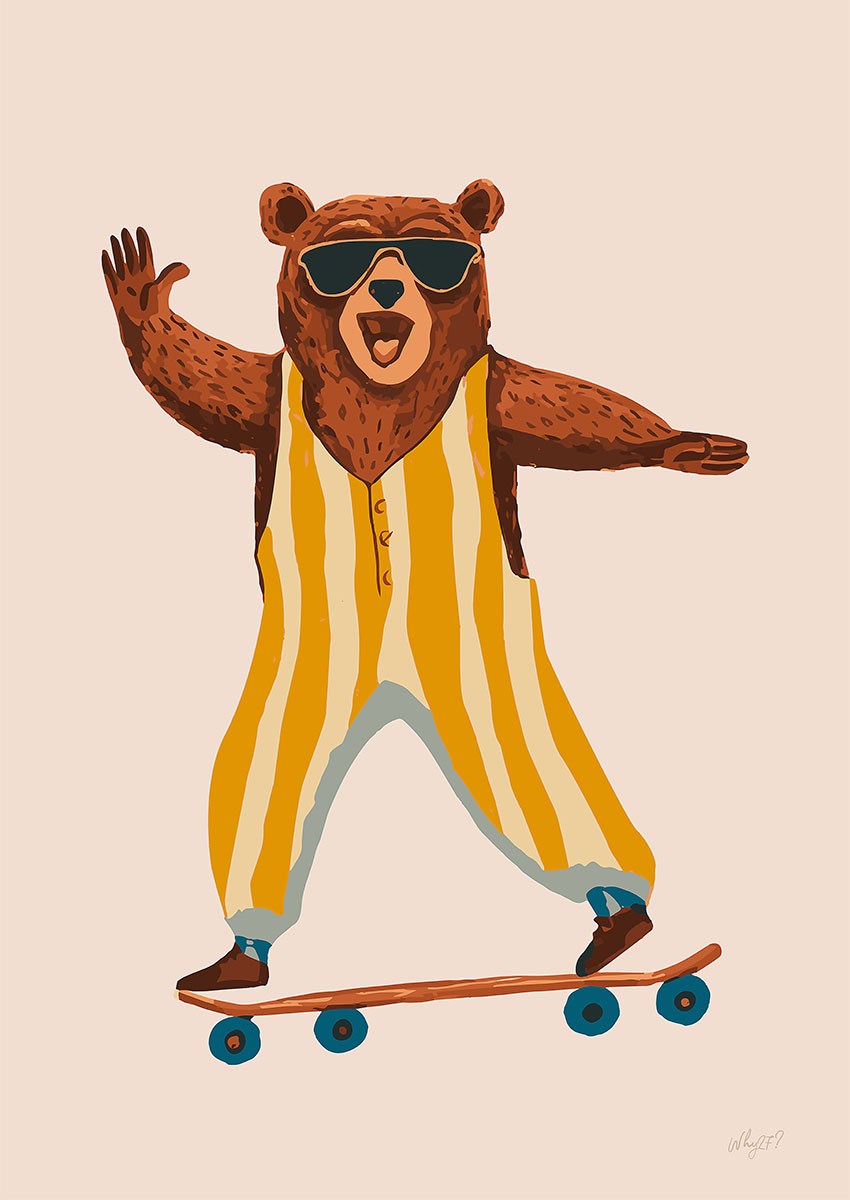 Charming artwork of a playful bear skateboarding in yellow striped overalls, set against a soft background.
