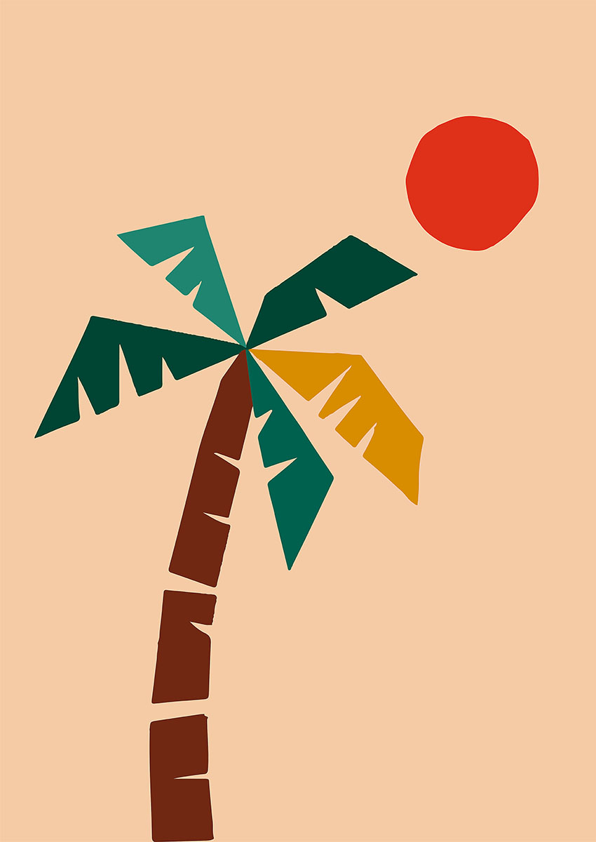 Vibrant abstract artwork of a palm tree and sun against a peach background