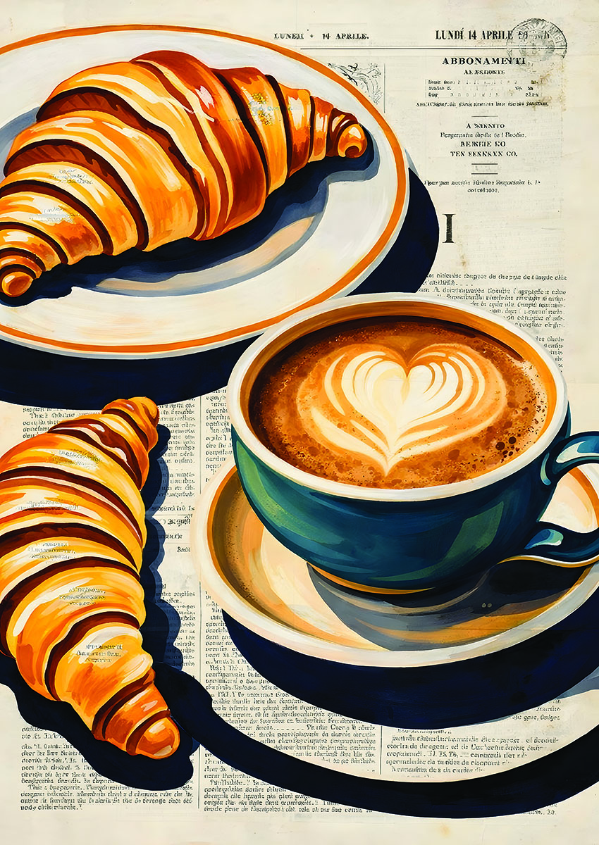 Artistic depiction of a vibrant coffee cup with latte art beside golden croissants on a plate.