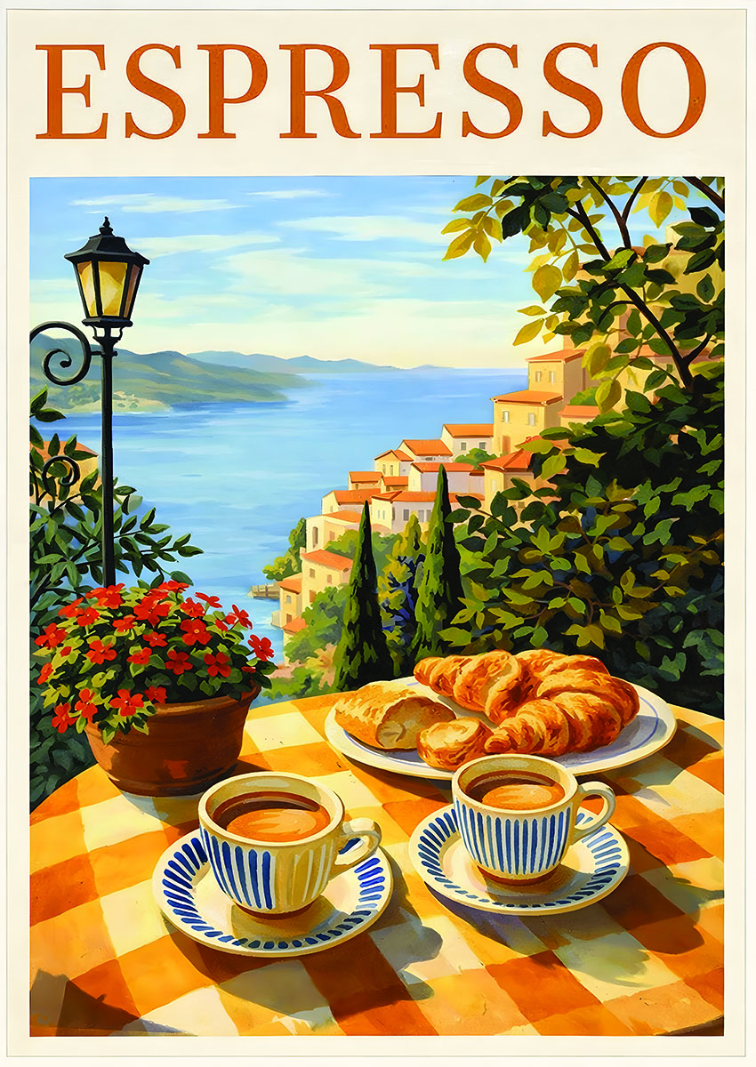 Artwork of espresso cups and pastries on a table with a scenic view of the sea and buildings in the background.