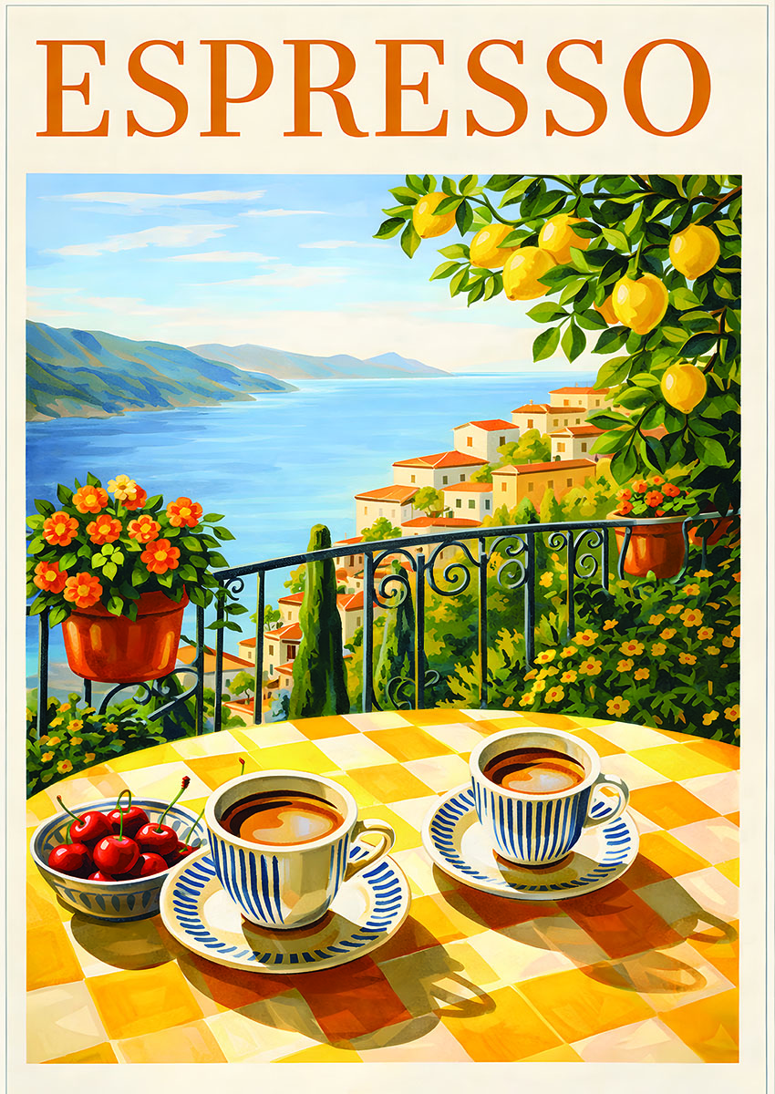 Bright sunshine terrace coffee scene with two cups of coffee and cherries on a table overlooking a sea view.