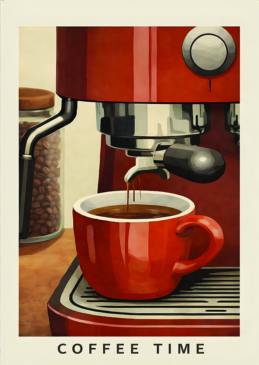 Bright artwork of a red coffee machine pouring coffee into a cup