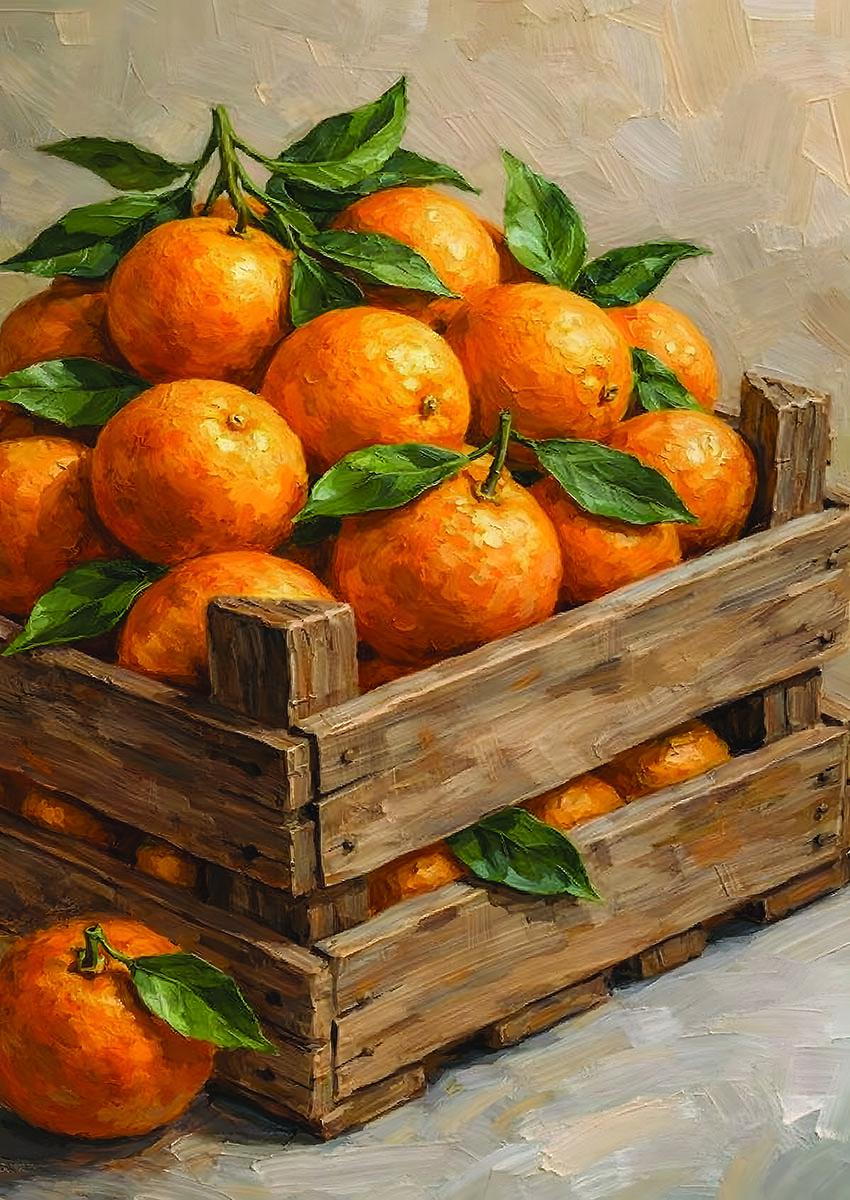 Vibrant artwork of bright orange citrus fruits in a rustic wooden crate.