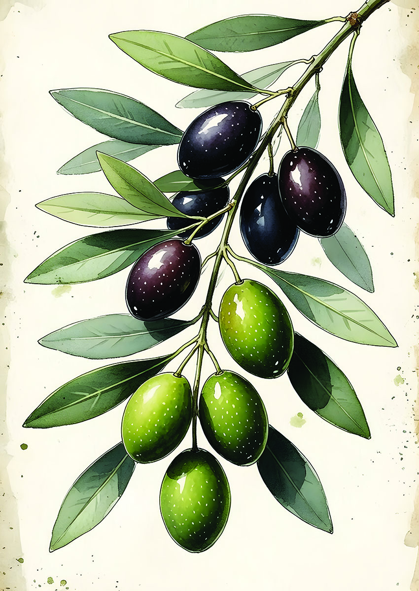 Artistic depiction of an olive branch with green and black olives on a light background.