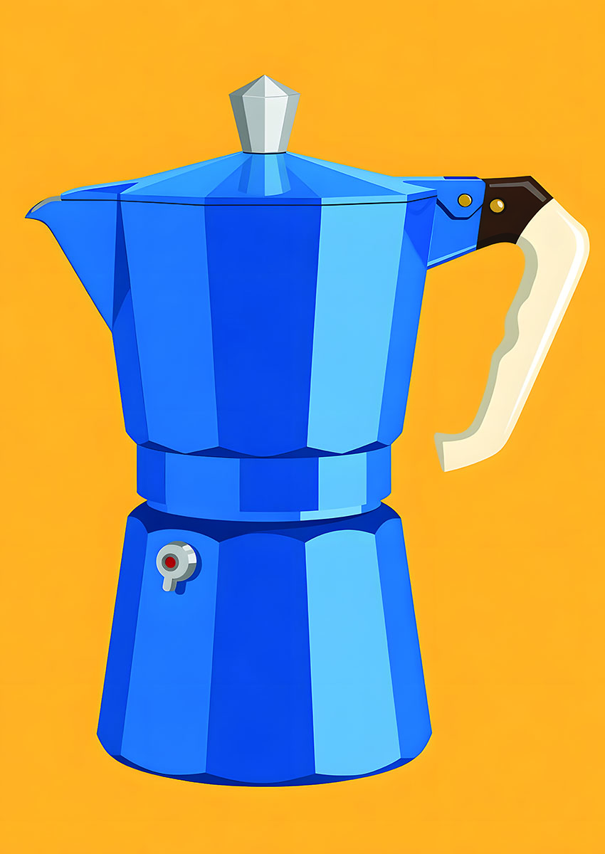 Dramatic artwork of a bright blue coffee pot against a vibrant orange background.